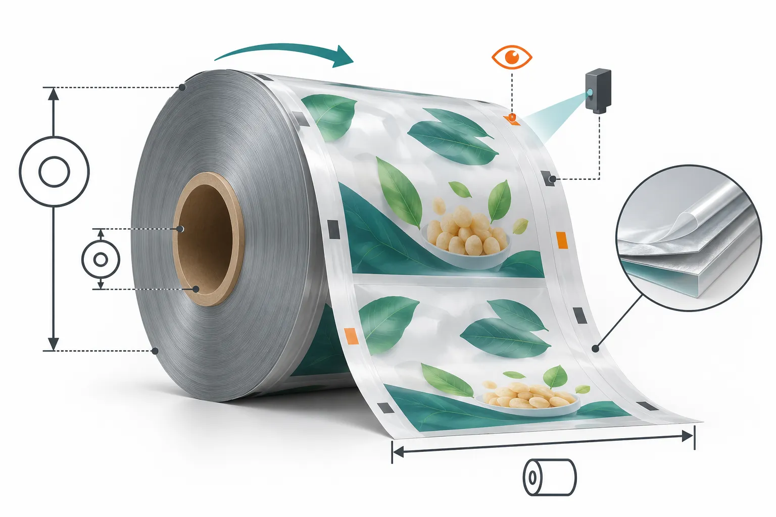 Thông số màng cuộn đóng gói tự động Sơ đồ thông số màng cuộn bao bì: khổ cuộn, chiều xả, dấu mắt thần và lớp hàn