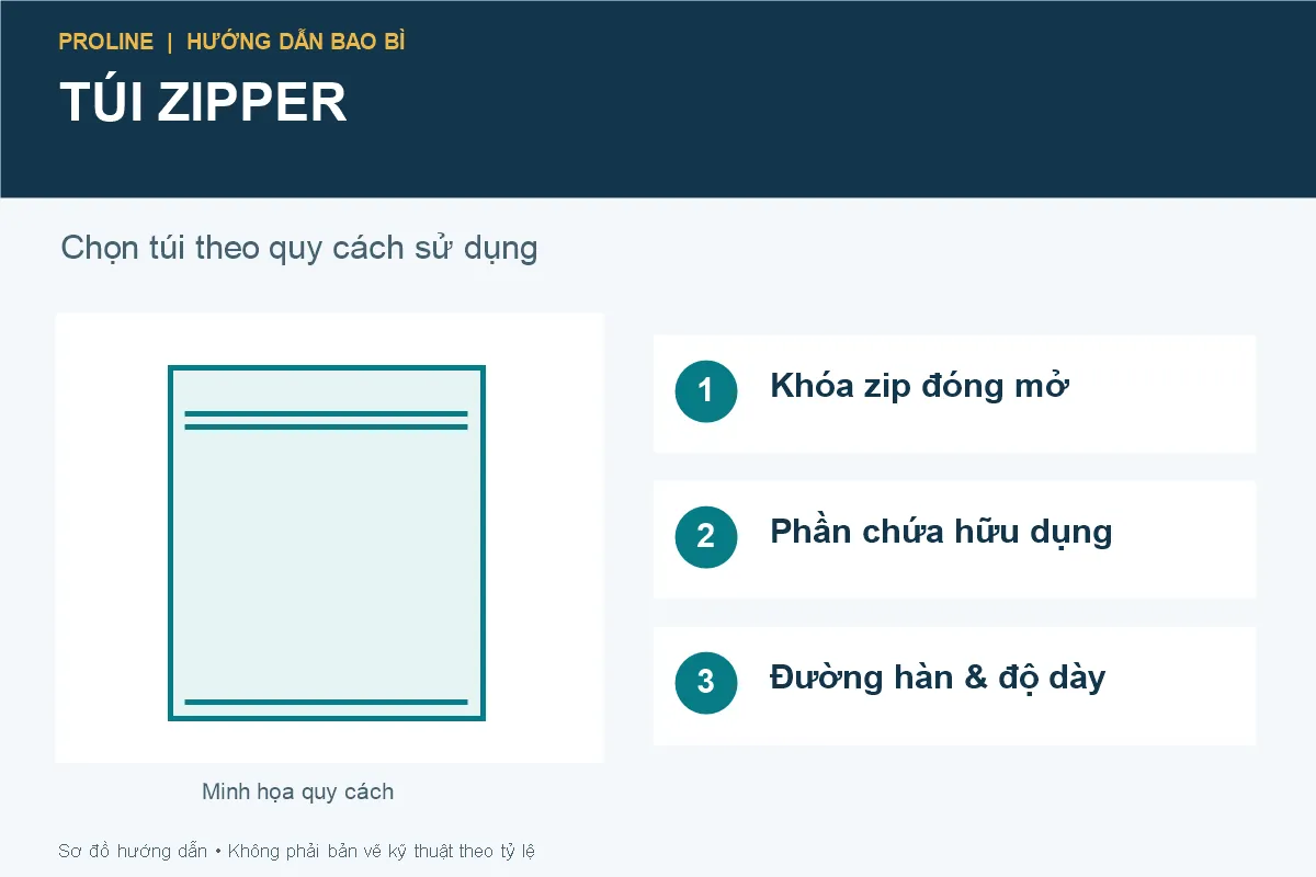 Sơ đồ túi zipper với khóa zip, phần chứa hữu dụng và đường hàn