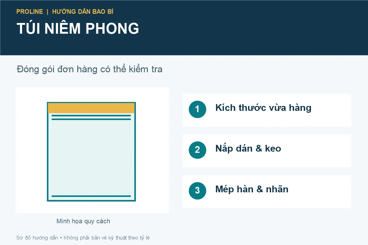 Minh họa túi niêm phong có nắp dán và các vị trí cần kiểm tra