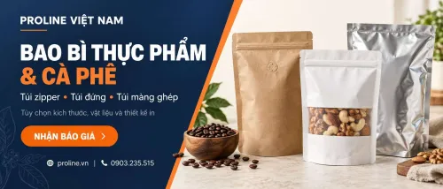 Hình giới thiệu bao bì thực phẩm và cà phê của Proline với các mẫu túi đóng gói