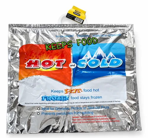 Ảnh chụp mẫu túi in Hot Cold bề mặt bạc để tham khảo đặc điểm phản sáng của bao bì