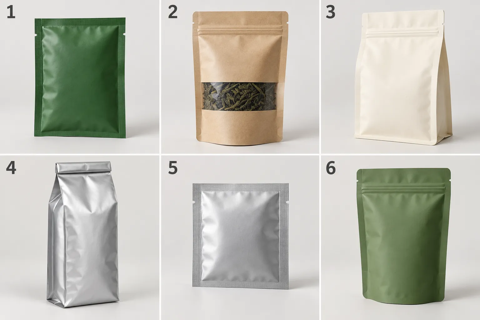 S&aacute;u kiểu bao b&igrave; tr&agrave; kh&ocirc;: ba bi&ecirc;n, kraft cửa sổ, đ&aacute;y bằng, h&ocirc;ng xếp, g&oacute;i nhỏ v&agrave; zipper đ&aacute;y đứng