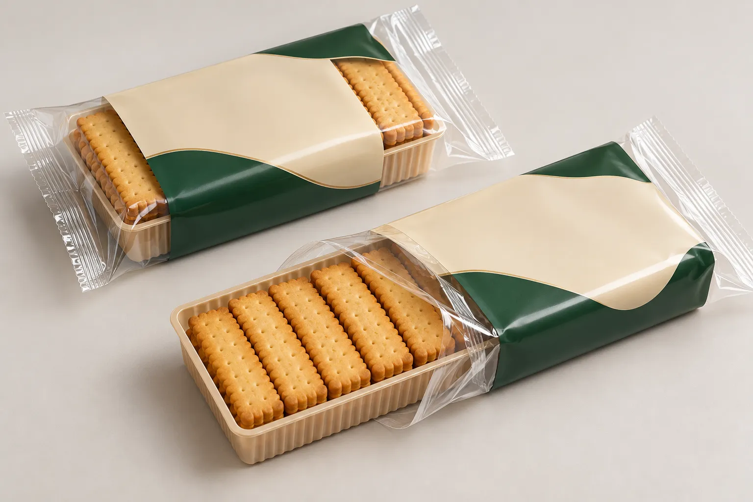Bao bì bánh quy có khay trong trạng thái đóng và mở