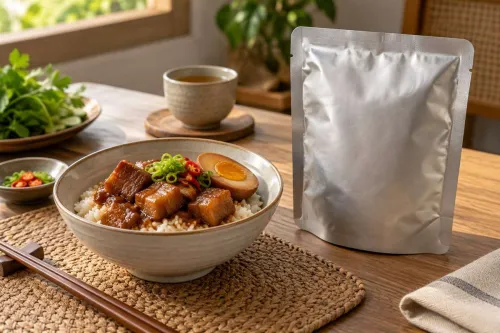 Túi retort minh họa bên cạnh món thịt kho và cơm