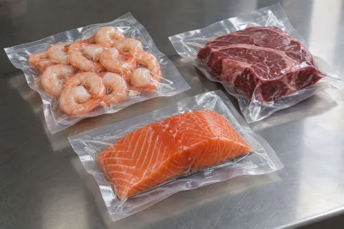 Minh họa thịt bò, cá và tôm được đóng riêng trong túi hút chân không trong suốt