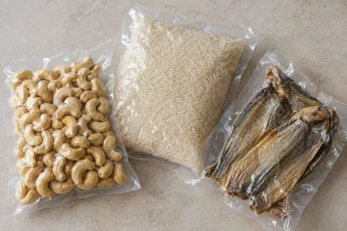 Minh họa túi hút chân không đựng hạt điều, gạo và cá khô để so sánh hình dạng sản phẩm