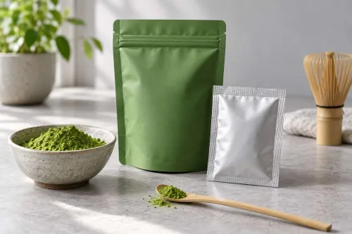 Túi bao bì và gói nhỏ đặt cạnh bột matcha